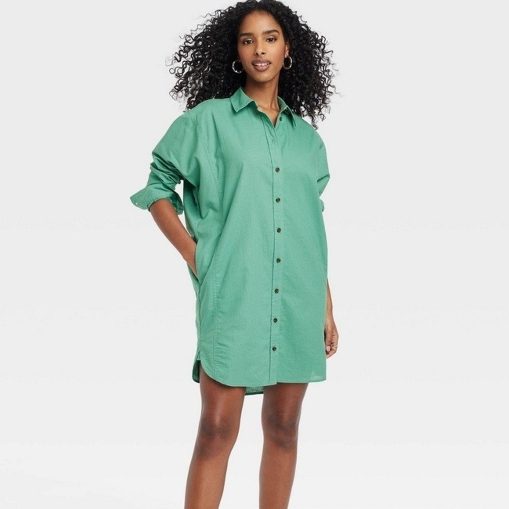 NEW Universal Thread Long Sleeve Mini Shirt Dress‎ L Light Green Button DownNWT